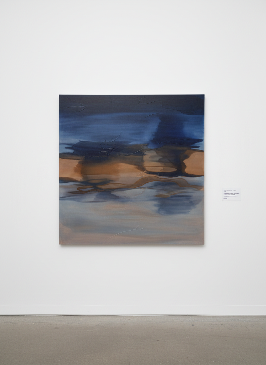 A meticulously photographed contemporary painting hanging on a smooth, matte white gallery wall. The artwork fills most of the frame, an abstract composition of deep indigo, warm umber, and soft grey layered in translucent veils, with subtle impasto ridges catching the light. A discrete wall label beside it clearly shows title, year, medium, dimensions, price, and a short description, all in clean, sans-serif layout. Neutral concrete flooring and an unobtrusive baseboard ground the scene. Soft, even museum lighting reveals true color and texture without glare, casting only the faintest shadow behind the canvas. Shot straight-on at eye level with sharp focus across the image, the mood is quiet, sophisticated, and contemplative, emphasizing the painting’s presence without any decorative distractions.