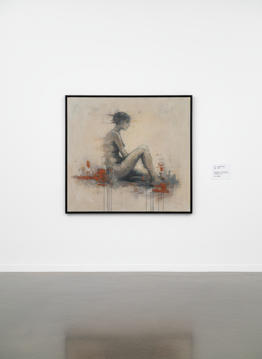 A dignified photographic view of a single large horizontal painting centered on a white gallery wall, captured for an online catalogue. The artwork combines abstract and figurative elements: a faintly suggested seated form dissolves into misty layers of taupe, slate, and muted rust, with subtle vertical drips and scumbled edges. Directly to the right, a clearly readable wall label presents the painting’s title, year, medium, dimensions, price, and a brief, thoughtful description. The floor is a cool, smooth concrete with a slight sheen, reflecting the lower edge of the canvas in a soft blur. Uniform, neutral gallery lighting ensures accurate color and texture without hotspots. Framed in a centered, straight-on composition with generous breathing space, the atmosphere is calm, introspective, and quietly luxurious.