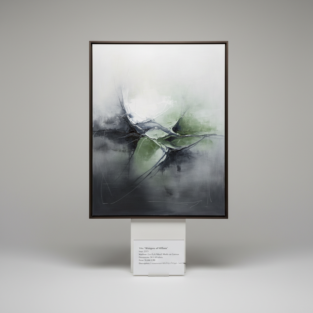 A mid-sized abstract painting on canvas, photographed in a minimalist studio setting against a seamless, neutral grey backdrop. The artwork rests on a slender, unobtrusive plinth that keeps the frame fully visible. Swathes of foggy white, charcoal, and muted moss green intertwine, with delicate scratches and glazed layers giving a sense of depth and stillness. A simple, detached placard in front shows title, year, medium, dimensions, price, and a brief description, all rendered clearly without ornament. Soft box studio lighting from both sides provides even, shadowless illumination that preserves true color and fine texture, with subtle specular highlights on thicker paint passages. Captured from a slightly elevated, perfectly centered angle, everything beyond the painting and card fades gently, creating a calm, analytical yet intimate mood.