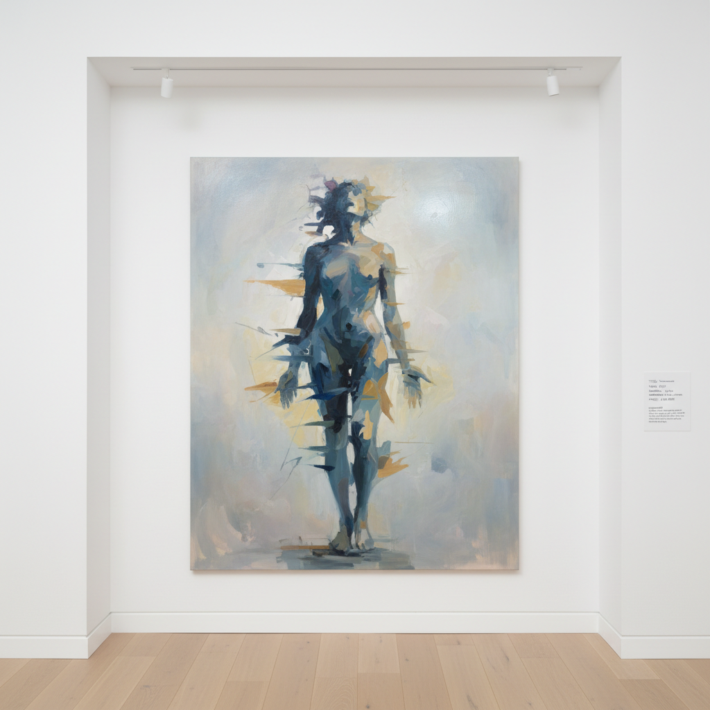 A large, vertical figurative painting in a refined white-walled gallery alcove, captured in high-resolution photographic realism. The canvas shows a solitary, simplified silhouette rendered in muted flesh tones, slate blue, and pale ochre, emerging from a hazy abstract background. The brushwork alternates between smooth glazed areas and rough, gestural strokes, all crisply visible. To the right, a neatly aligned wall label presents the painting’s title, year, medium, dimensions, price, and description in subtle black text. The floor is light oak with a soft matte finish, extending into a gently out-of-focus distance. Ceiling track lights provide balanced, neutral illumination, accentuating true colors and surface depth. Composed frontally with slight negative space around the work, the atmosphere feels intimate, poised, and quietly emotive.