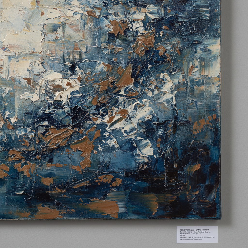 A close-up, photographic detail of a contemporary abstract painting, filling the frame so that the canvas edges are just out of view. Thick, layered strokes of smoky blue, raw umber, and off-white build a textured surface, with subtle cracks, scraped lines, and translucent washes visible in exquisite detail. The lighting is soft and raking from the left, highlighting impasto ridges and revealing true color without harsh reflections. At the lower edge, slightly blurred yet legible, a small printed label set against a neutral wall shows the work’s title, year, medium, dimensions, price, and a one-sentence description. The composition uses shallow depth of field to keep the painting’s surface in crisp focus while gently softening the background, creating an intimate, contemplative mood that invites close, quiet viewing.