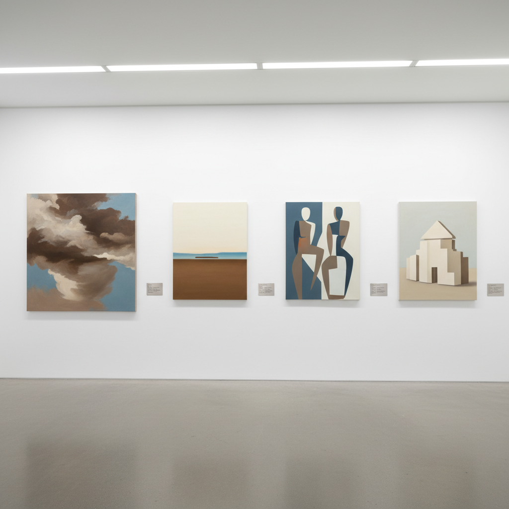 A panoramic, high-resolution photograph of a clean, contemporary gallery wall featuring a cohesive row of four paintings by the same artist. Each canvas is evenly spaced and aligned, ranging from atmospheric abstractions to quiet, simplified figurative forms, all in a restrained palette of earthy browns, slate blues, and soft creams. Beneath each work, a discrete wall label presents title, year, medium, dimensions, price, and a concise description in consistent typography. The environment is spare: smooth white walls, pale concrete floor, and an uncluttered ceiling with linear LED lighting that bathes the paintings in even, neutral light. Shot at eye level with a wide lens and sharp focus from edge to edge, the image feels serene, ordered, and sophisticated, highlighting the progression and presence of the works without any decorative elements.